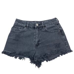 PACSUN High Rise Festival Ripped Distressed Denim Short Sz 24 Gray Black